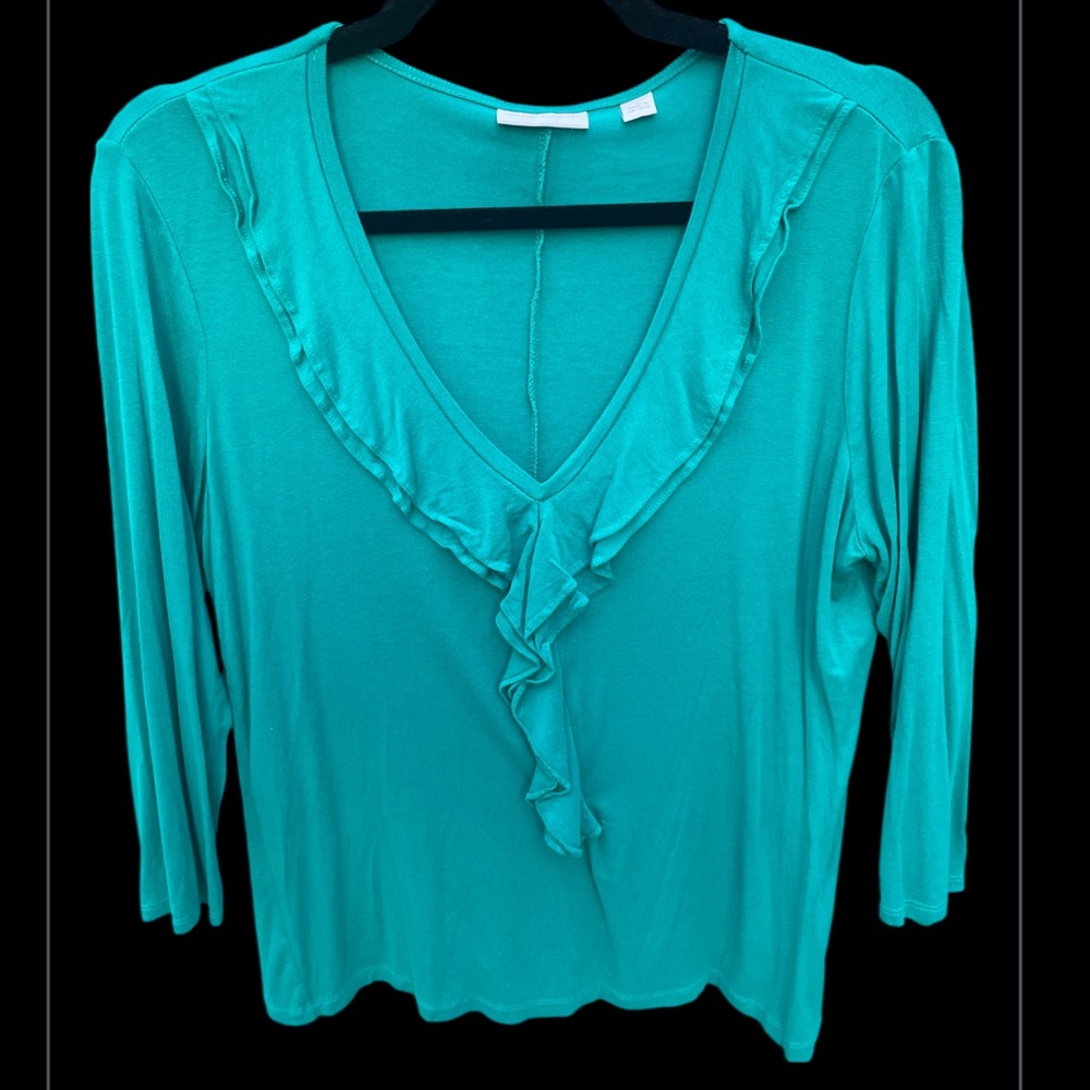 New York & Company Turquoise Ruffle V-Neck Blouse